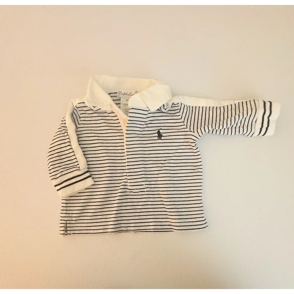 Ralph Lauren Unisex 0-3M 2pc Knit Striped Shirt & Pants Set White/Navy
